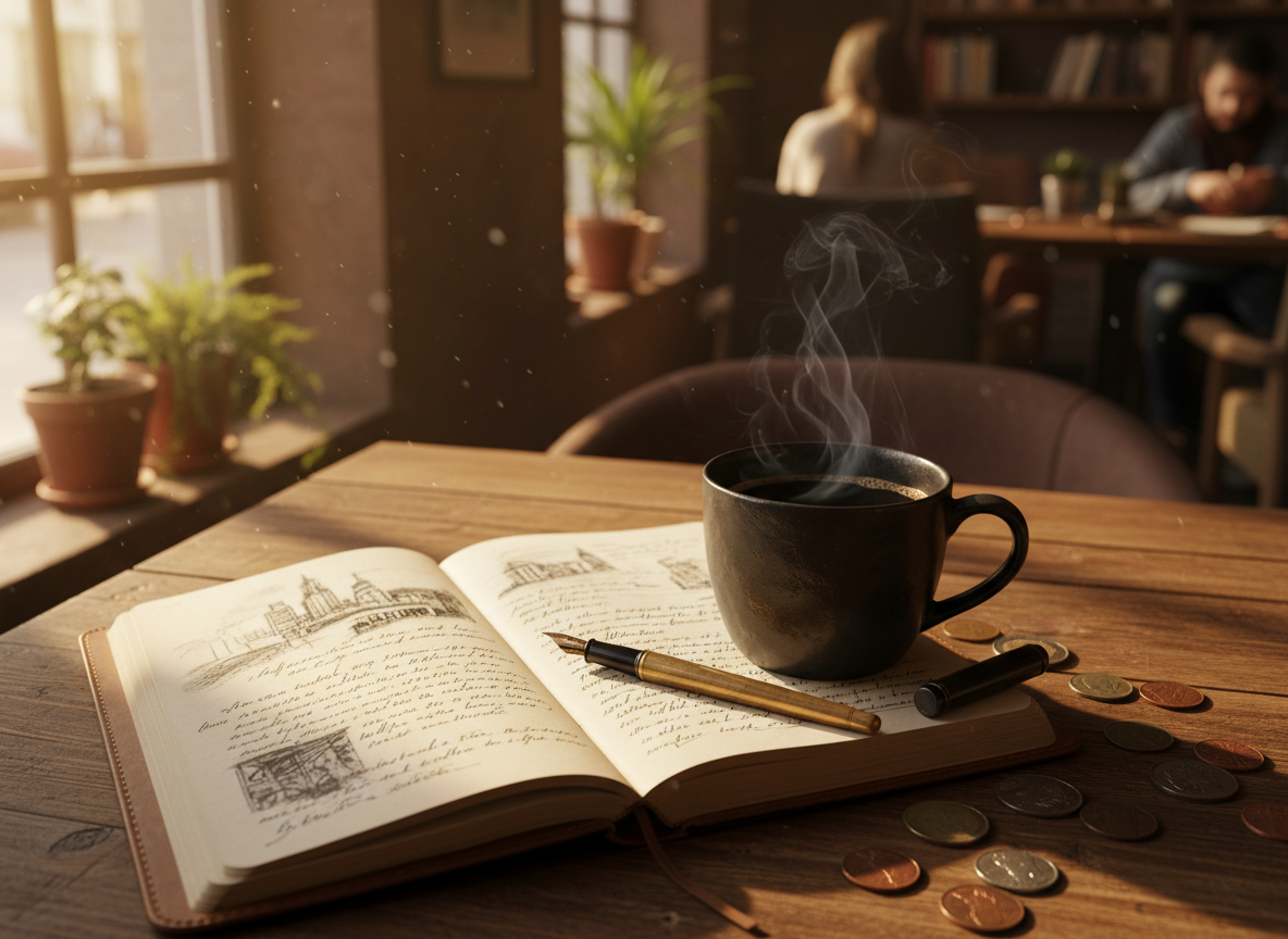 Atmospheric warm coffeehouse scene, top-down view of a wooden café table with a handwritten journal open, a ceramic mug of black coffee, a fountain pen, and scattered coins, warm espresso browns and amber lighting, cozy independent coffee shop mood, soft natural window light, rich textured warm tones, no text