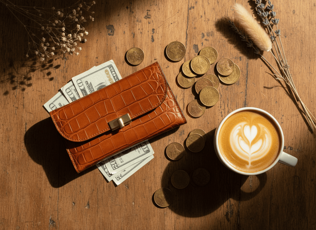 A top-down flat lay of a small elegant cognac leather clutch wallet on a warm wooden café table, a few coins and folded bills nearby, a ceramic latte cup with latte art, soft warm amber morning light, cozy coffeehouse atmosphere, rich warm tones, dried florals as subtle accent, no text