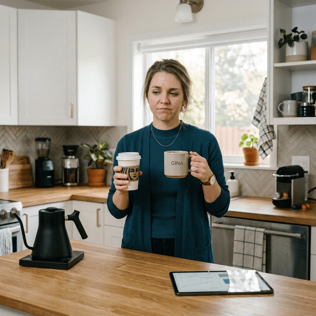 Woman holding a Starbucks cup and a mug labeled Gina beside coffee spending and progress charts